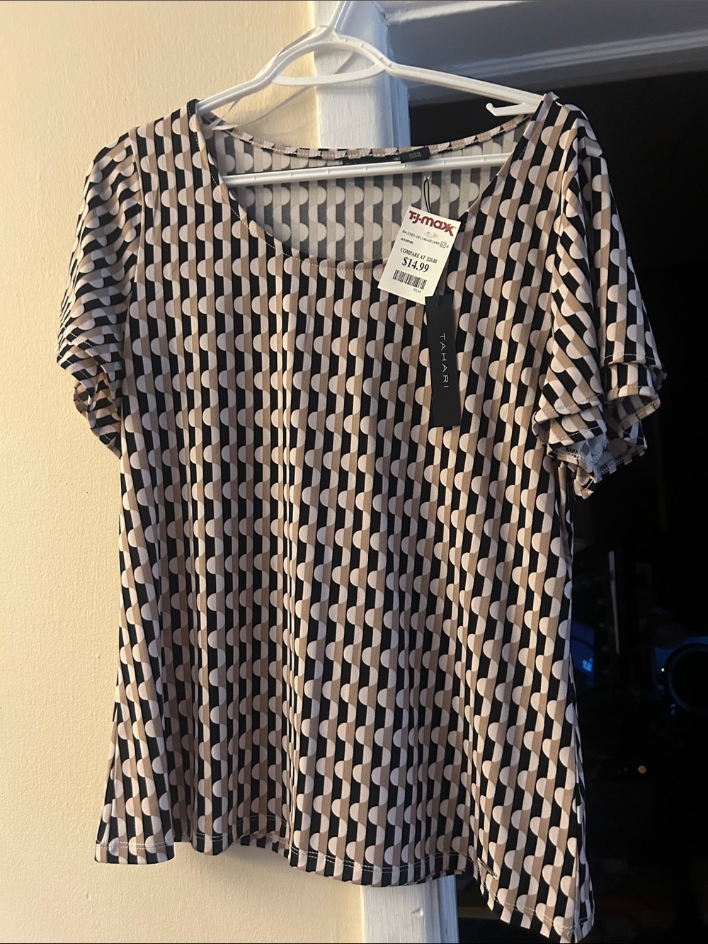 Tahari Navy and Cream Geometric Short Sleeve